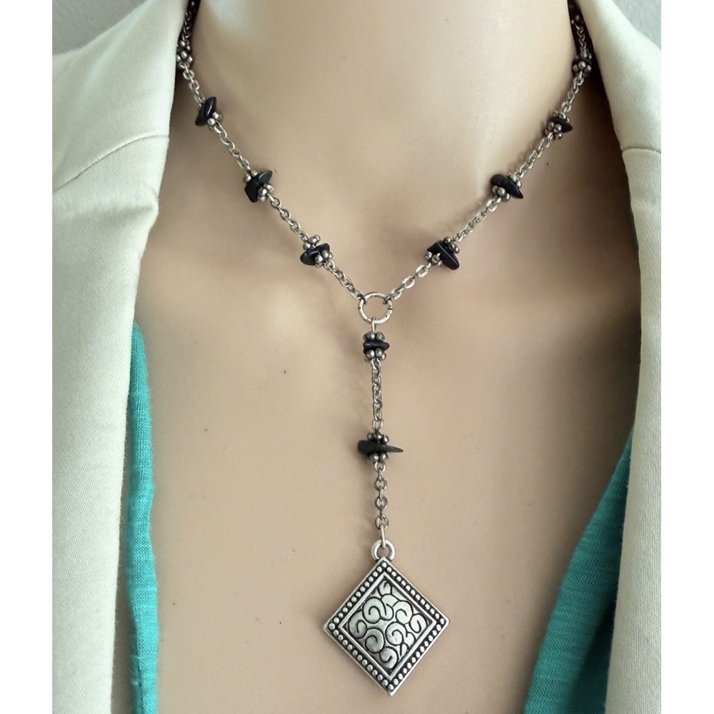 Napier Y Necklace Boho Black Beads Swirl Square Pendant Silver tone 15–16.5 in